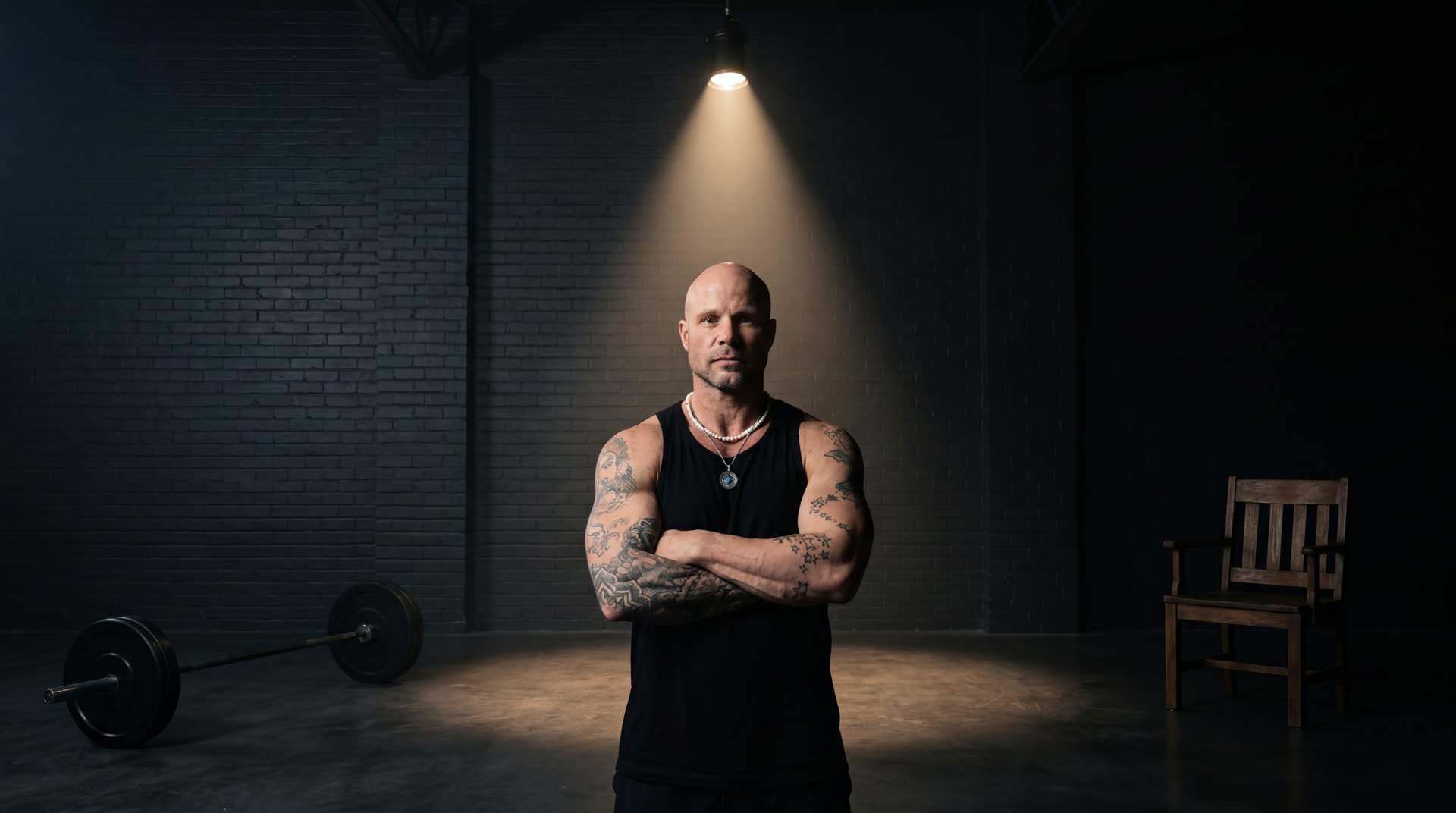 Daniel Christensen under a single spotlight in a dark studio